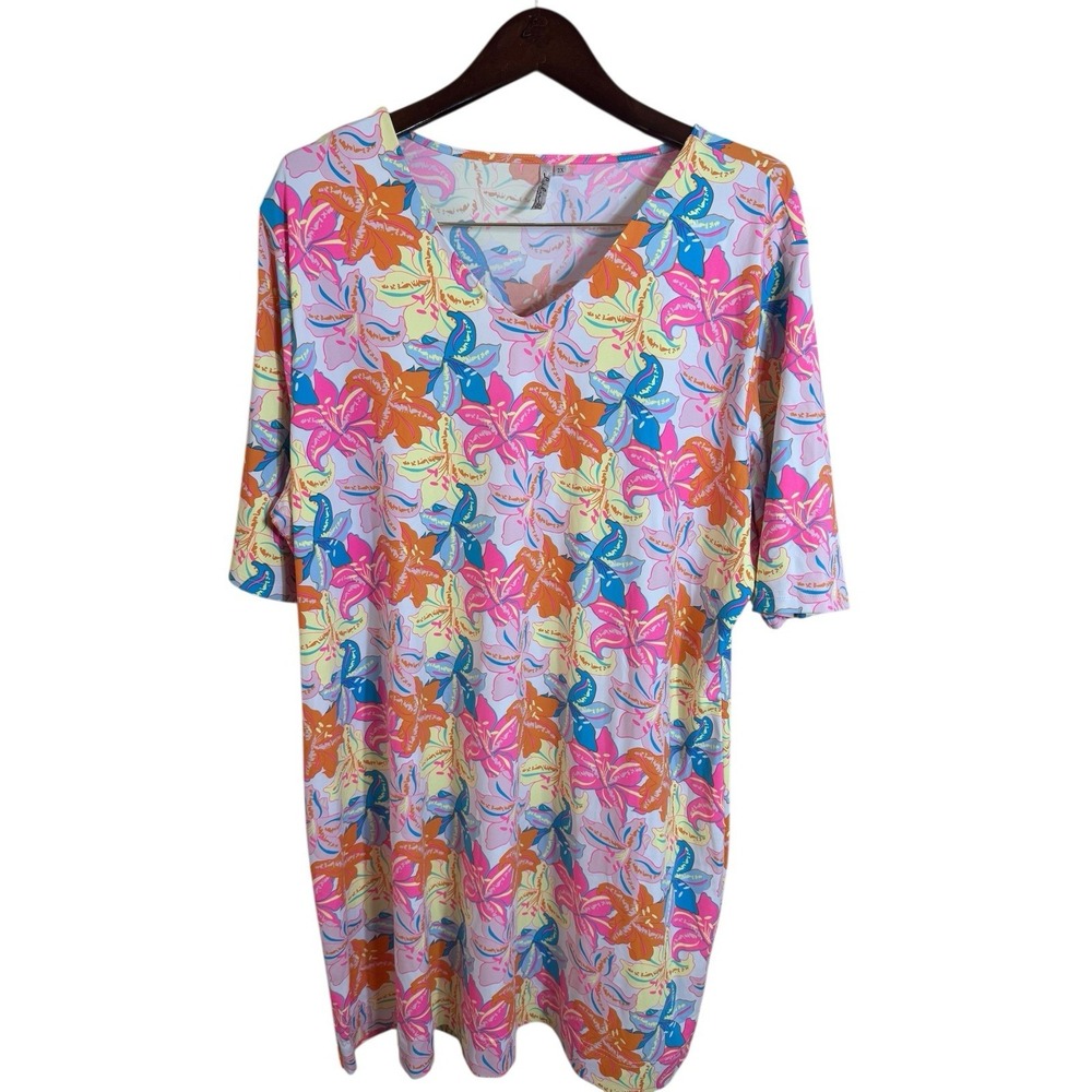 Lulu-B V‎ Neck Dress 2X Pink Bright Hibiscus's UPF Travel Casual Resort Wear